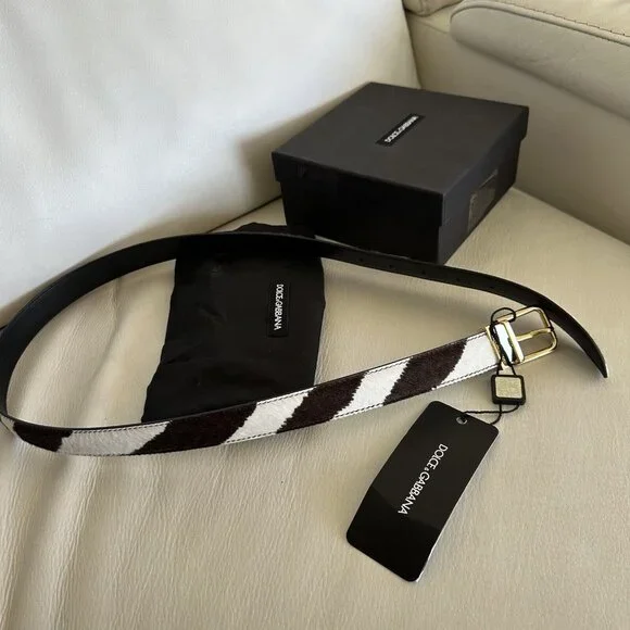 NEW Dolce & Gabbana Brown White Zebra Pony Hair Gold Buckle Women's Belt 90 Cm - Picture 5 of 10